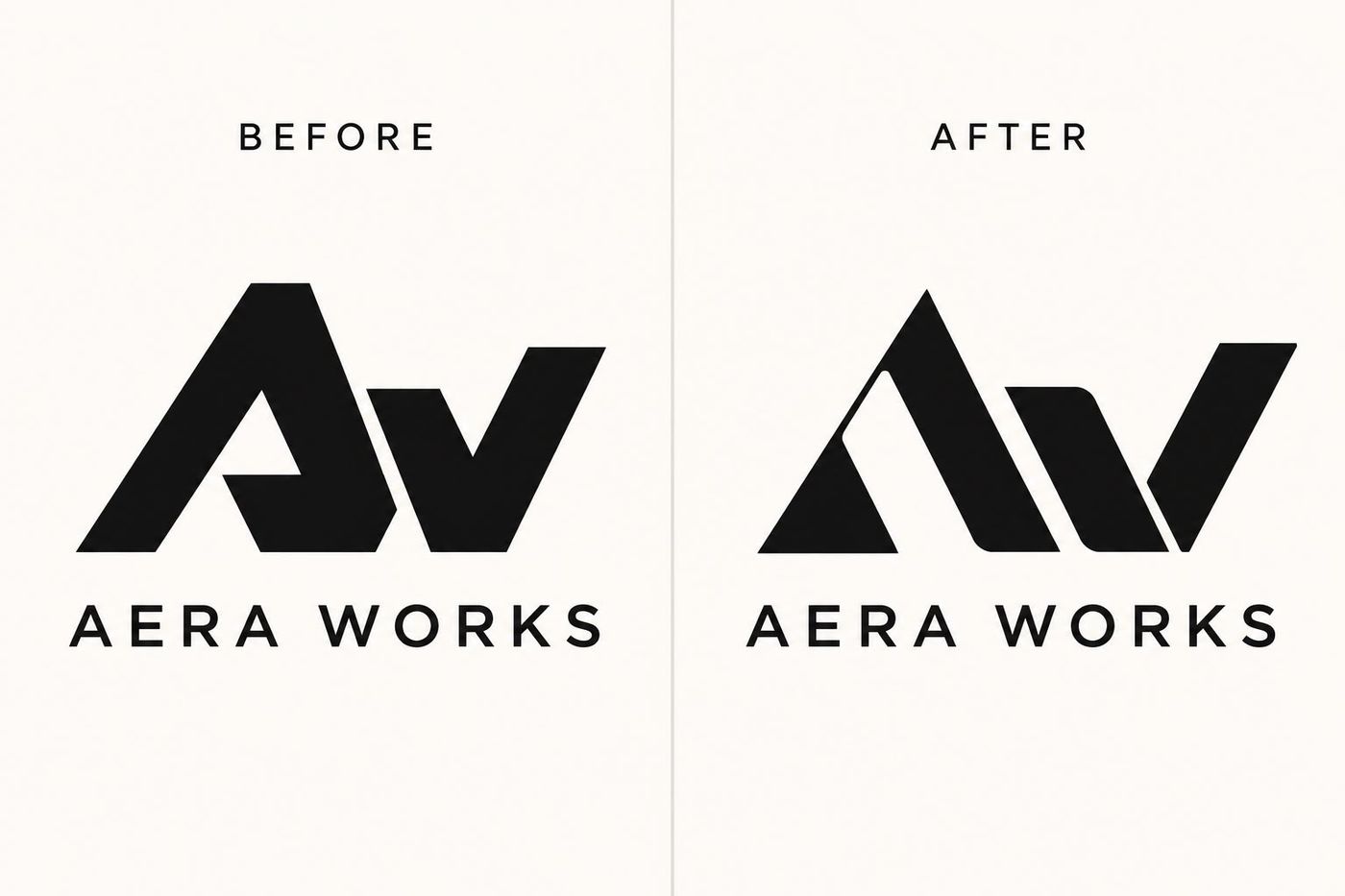 Avant, après : logo Aera Works, symbole développé, typographie et composition retravaillées