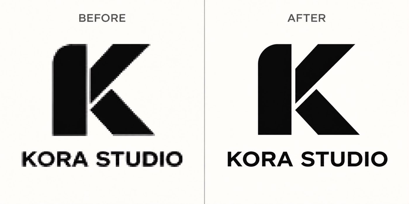 Avant, après : logo Kora Studio pixelisé puis vectorisé, lignes nettes