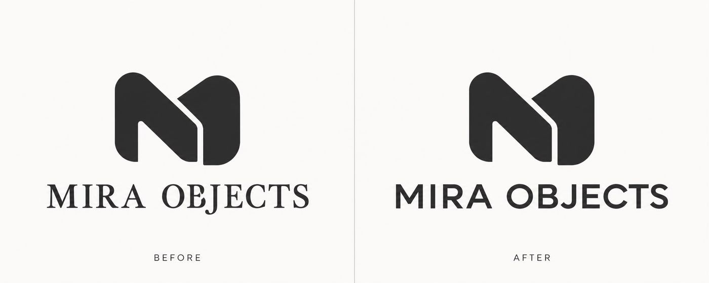 Avant, après : logo Mira Objects, symbole conservé, typographie du nom modernisée
