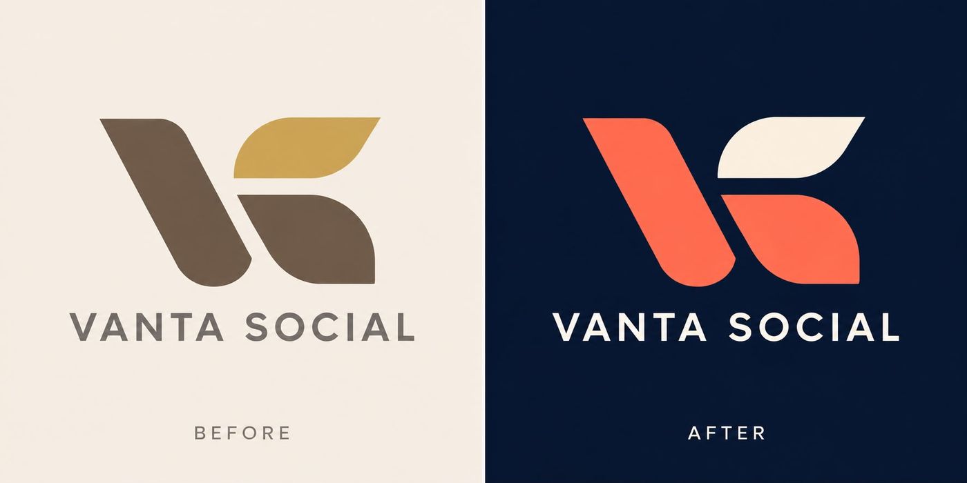 Avant, après : logo Vanta Social, mêmes formes, nouvelle palette de couleurs plus contrastée